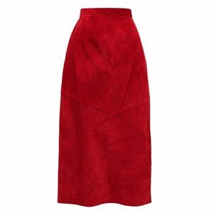 Red Suede Midi Skirt Vintage Style High Waist A-Line Panel Detail